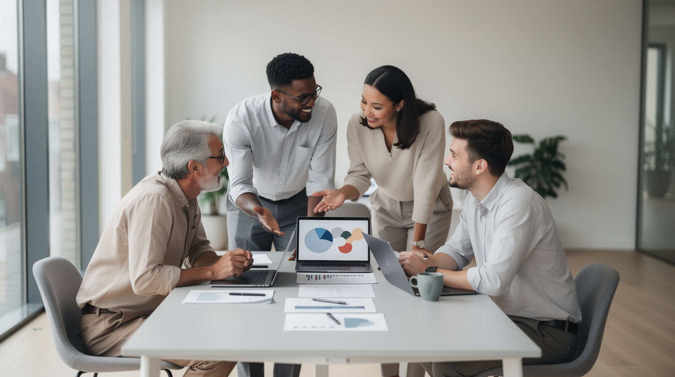 Team members discussing around a table in a bright office