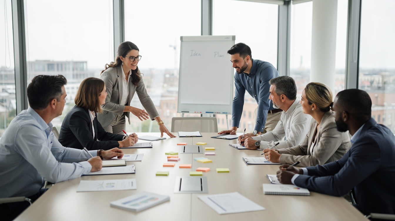 Group of professionals practicing a workshop exercise around a table
