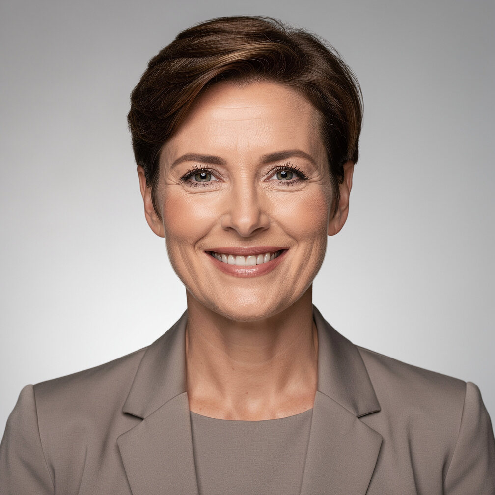 Studio portrait of a professional woman with short hair smiling