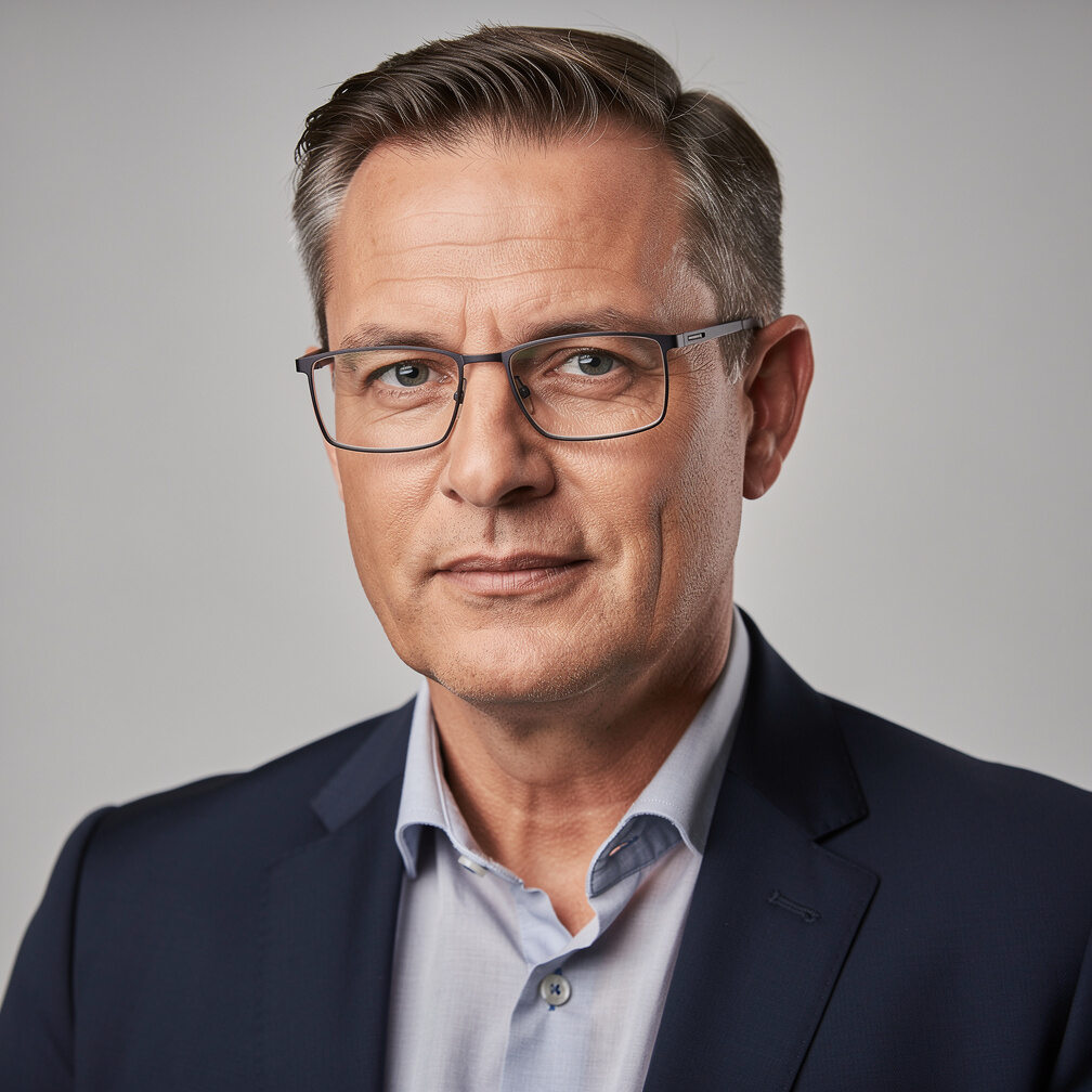 Studio portrait of a man with glasses in a blazer